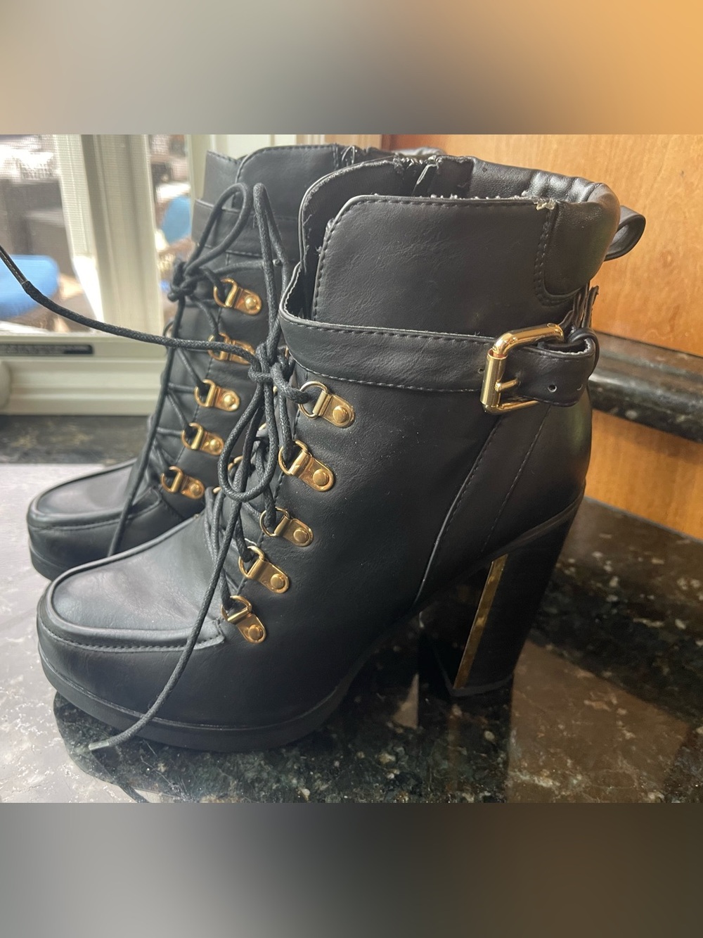 torrid Black Lace-Up Platform Ankle Boots with Gold Hardware